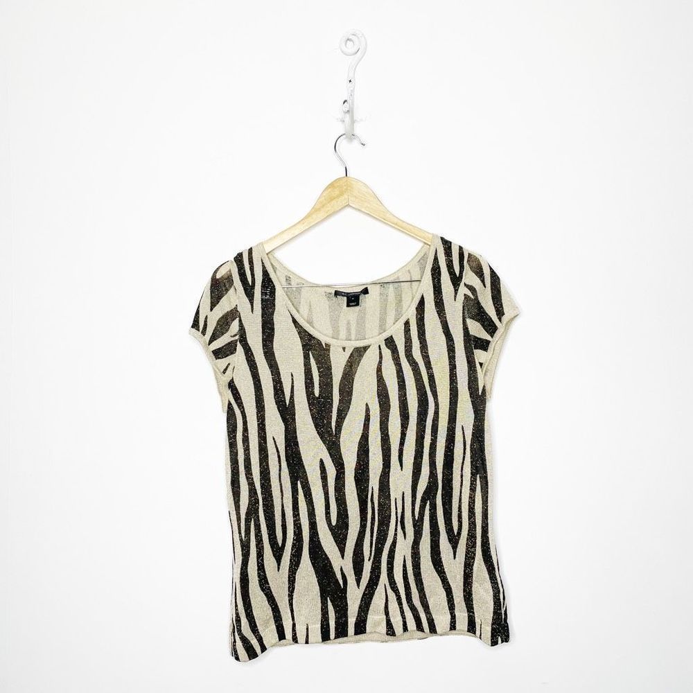 ST. JOHN gold black metallic zebra knit SHORT SLEEVE stretch WOMENS M medium